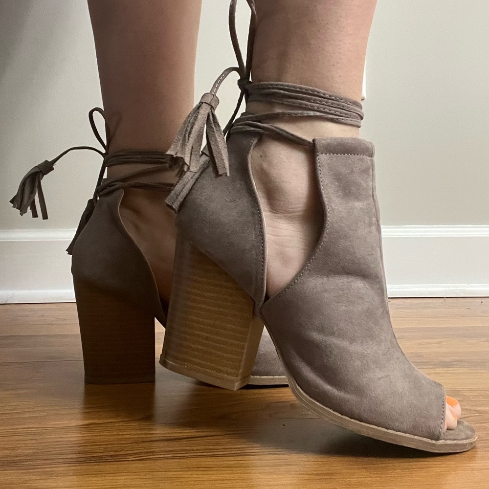 Stone Brown‎ Suede Ankle Wrap 3.5” Block Heel Booties